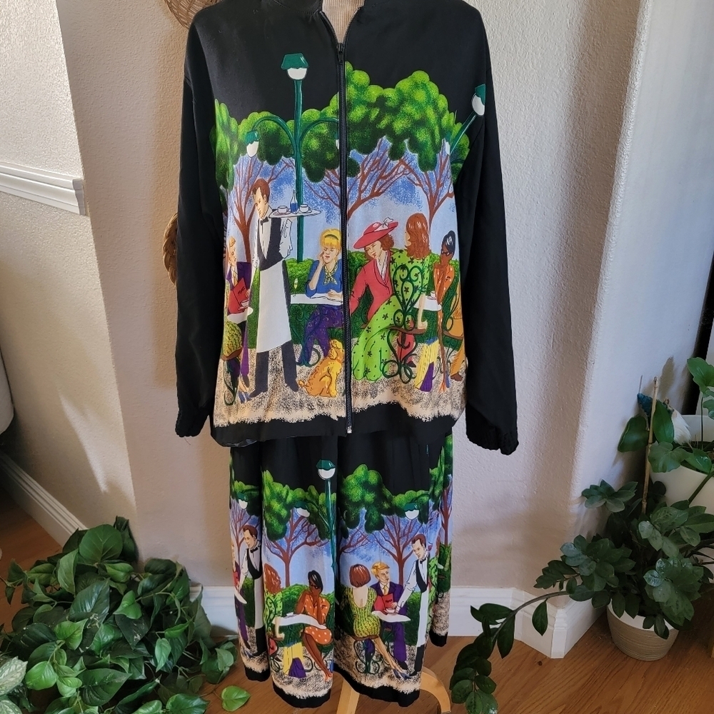 Starfire Vintage Paris Cafe Print Skirt Set SZ 12
